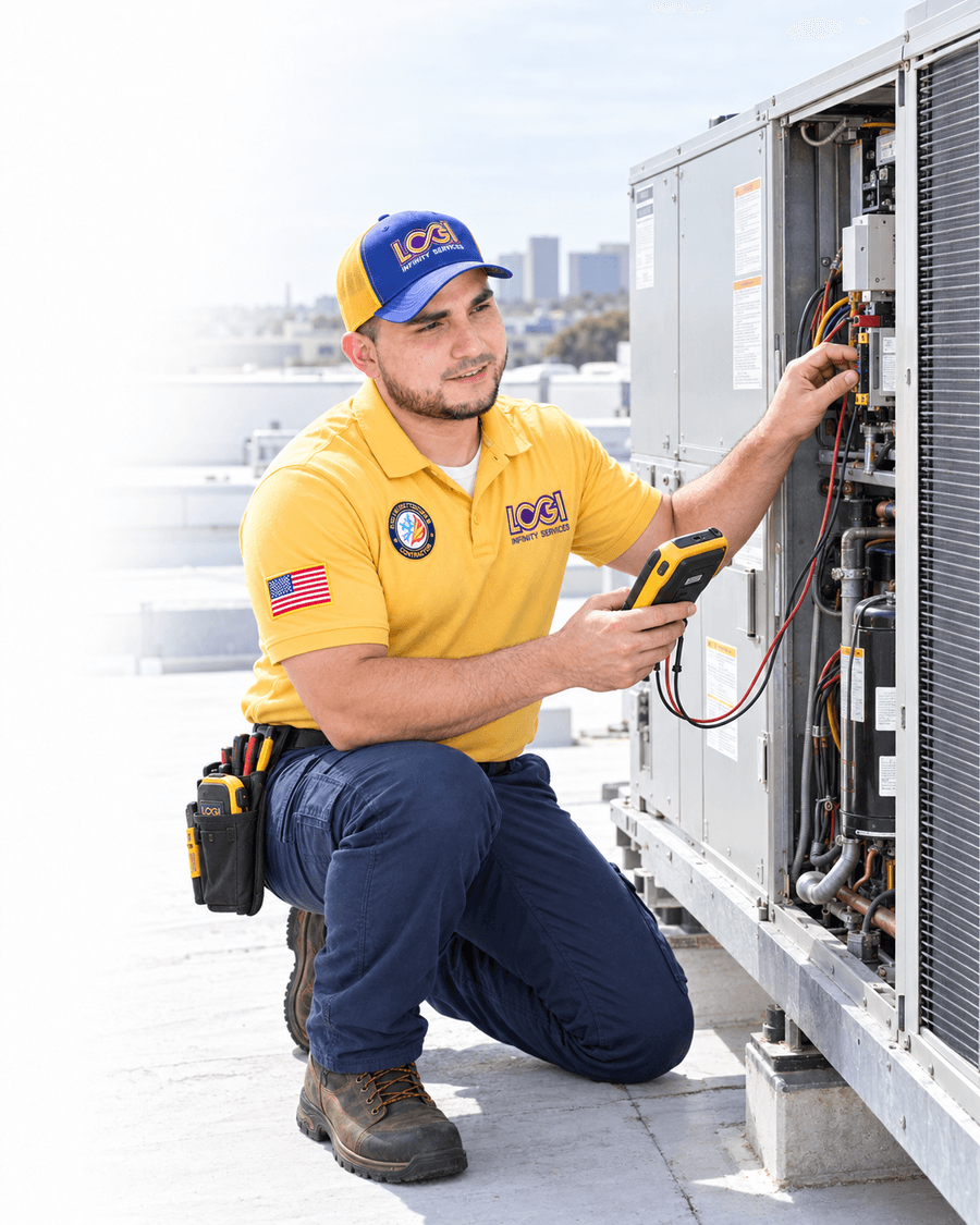 A LOGI Infinity technician kneeling beside a rooftop unit, testing its electrical panel with a digital meter